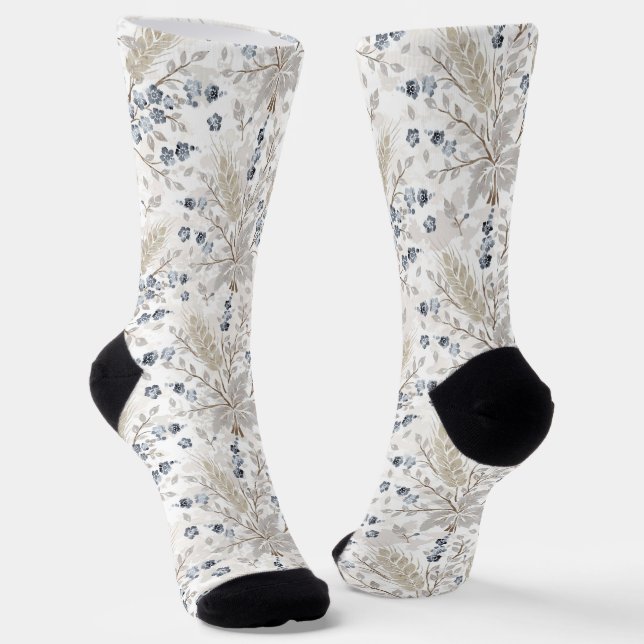 Soft Neutral Boho Floral Botanical Spring Pattern Socks (Angled)