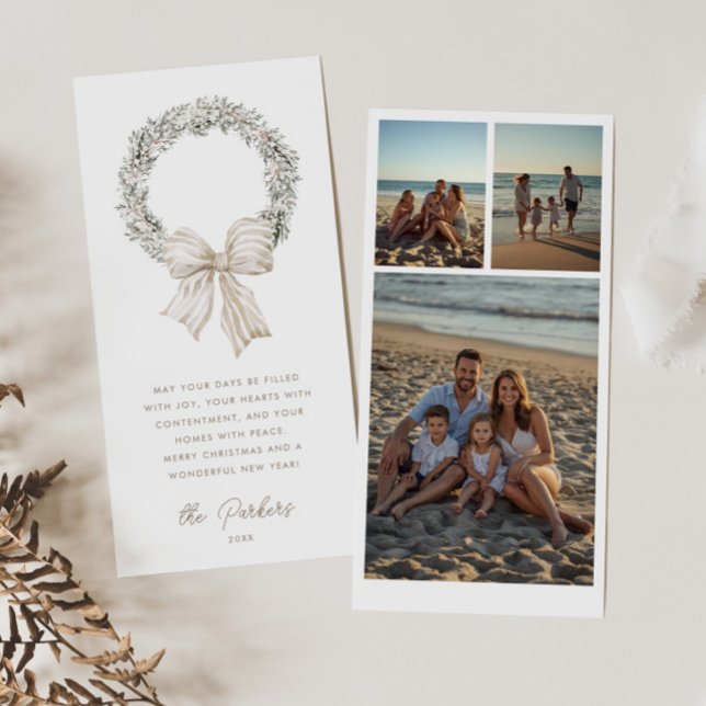 Soft Neutral Bow Wreath Photo Holiday Card (Creator Uploaded)