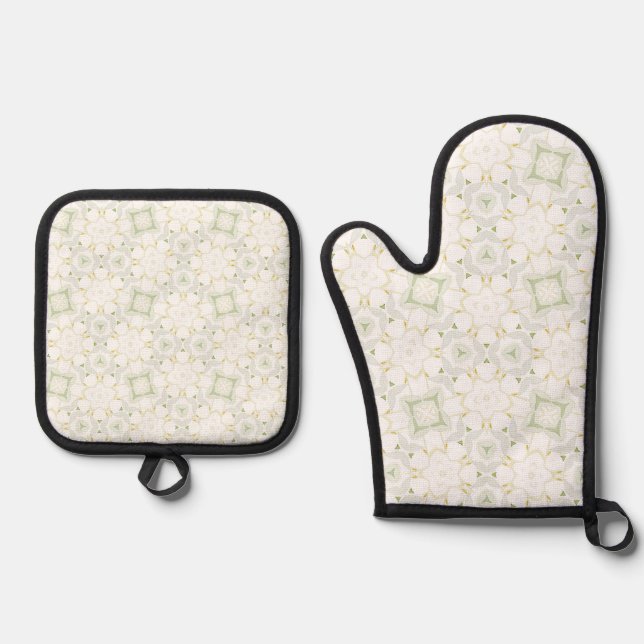 Soft Neutral Geometric Floral Oven Mitt & Pot Holder Set (Front)