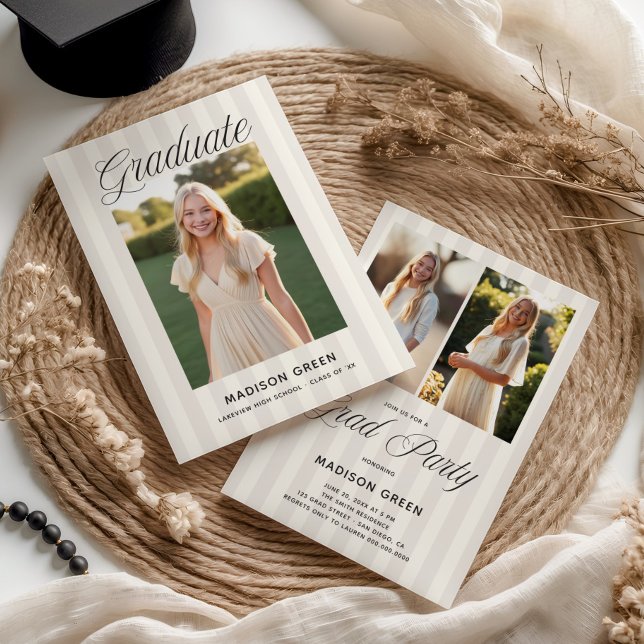 Soft Neutral Striped Preppy Graduation Invitation (Creator Uploaded)