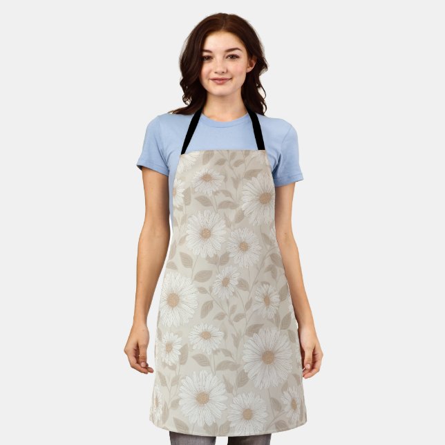 Soft Neutral Sunflower Cream Floral Pattern Apron (Worn)