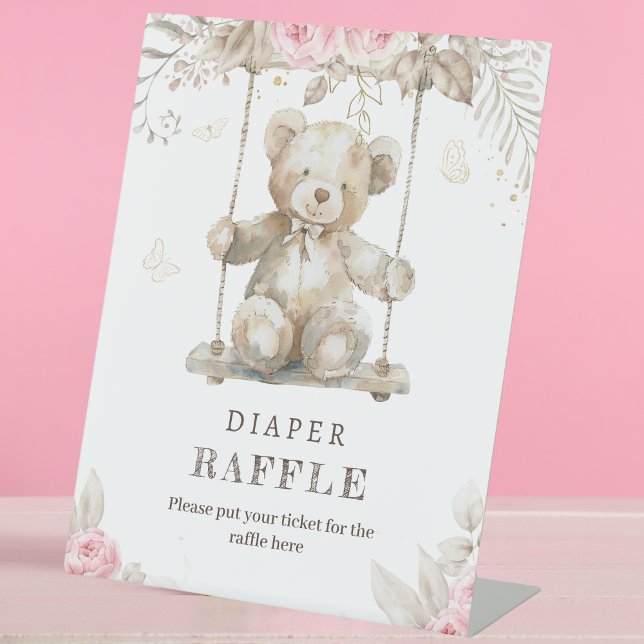 Soft Neutral Teddy Bear Pink Floral Diaper Raffle Pedestal Sign (Creator Uploaded)