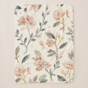 Soft Neutral Wildflower Sage Watercolor Botanical Sherpa Blanket