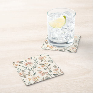 Soft Neutral Wildflower Sage Watercolor Botanical Square Paper Coaster