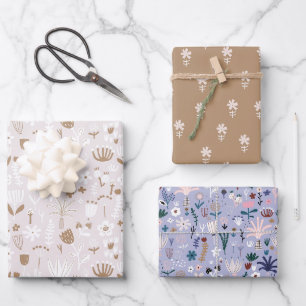 Soft Neutral Wildflowers & Pastel Floral Wrapping Paper Sheet