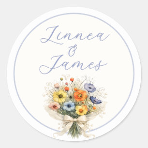 Soft Neutral Wildflowers Wedding Ivory Dusty Blue Classic Round Sticker