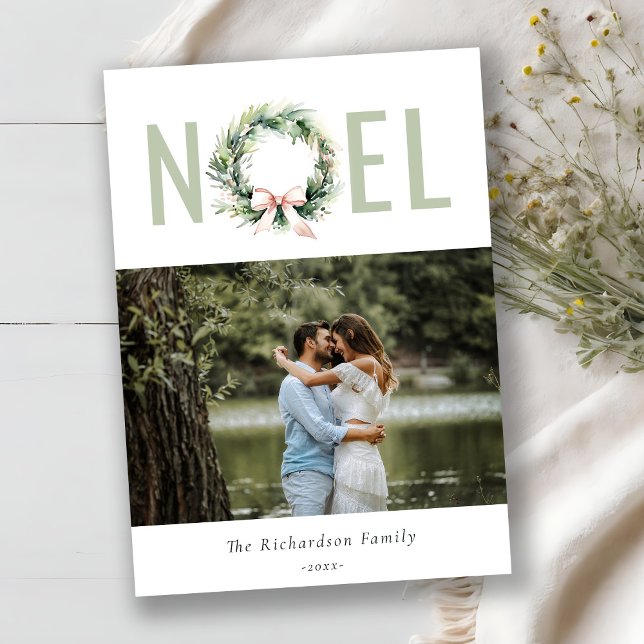 Soft Noel Blush Green Christmas Wreath Photo Holiday Card (Creator Uploaded)