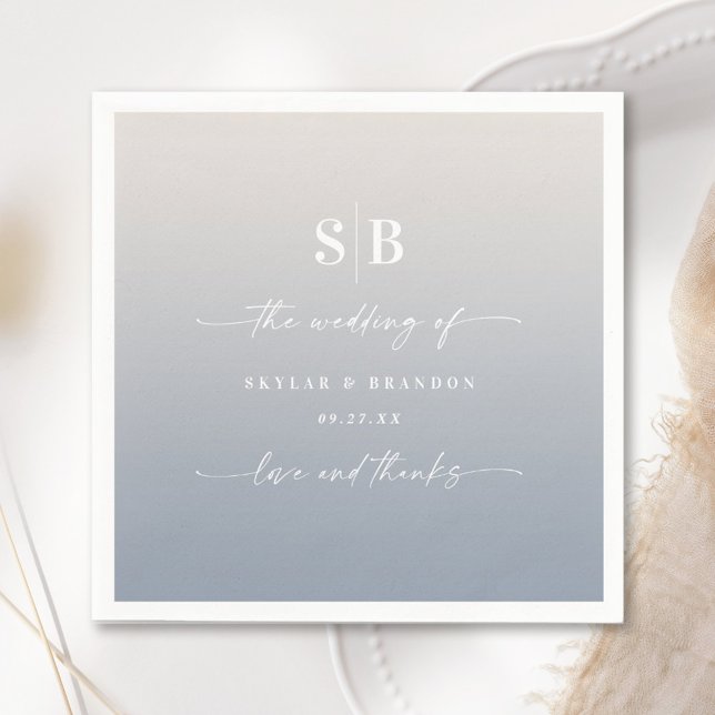 Soft Ombre Dusty Blue & Gardenia Wedding Monogram Napkin (Creator Uploaded)