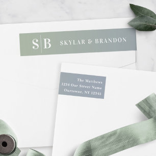 Soft Ombre Dusty Blue & Green Wedding Monogrammed Wrap Around Label