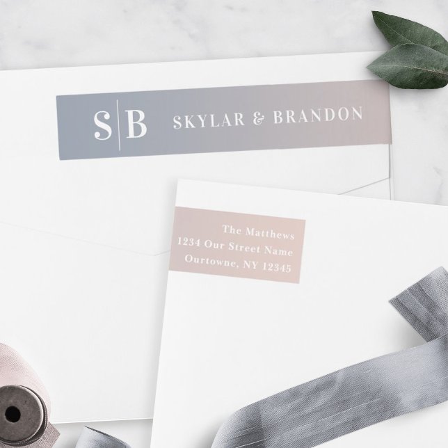Soft Ombre Dusty Blue & Pink Wedding Monogrammed Wrap Around Label (Creator Uploaded)