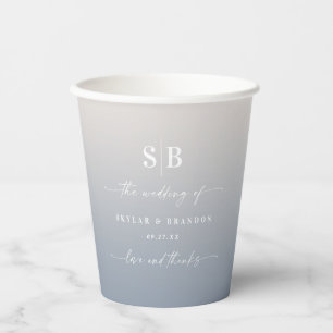 Soft Ombre Gardenia & Dusty Blue Wedding Monogram Paper Cups