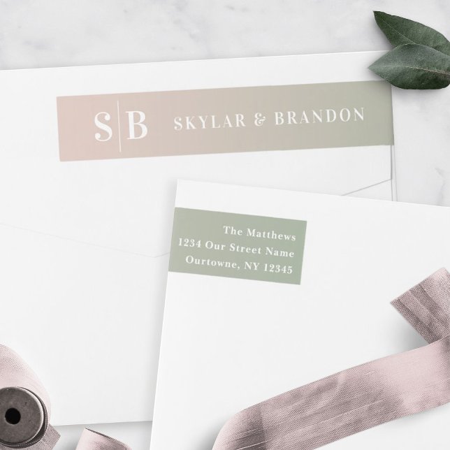 Soft Ombre Green & Light Pink Wedding Monogrammed Wrap Around Label (Creator Uploaded)