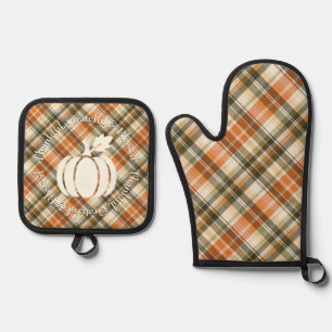 Soft Orange, Green & Cream Plaid with Pumpkin Oven Mitt & Pot Holder Set