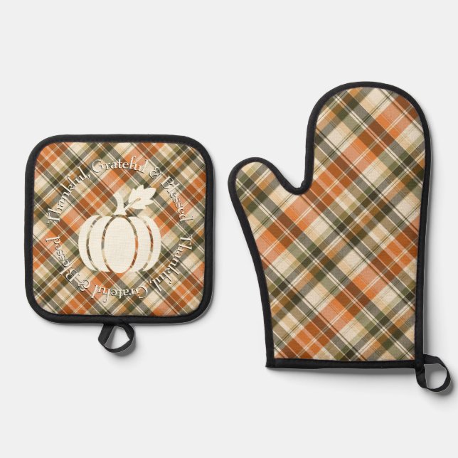 Soft Orange, Green & Cream Plaid with Pumpkin Oven Mitt & Pot Holder Set (Front)