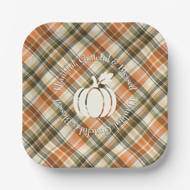 Soft Orange, Green & Cream Plaid with Pumpkin Paper Plate (Front)