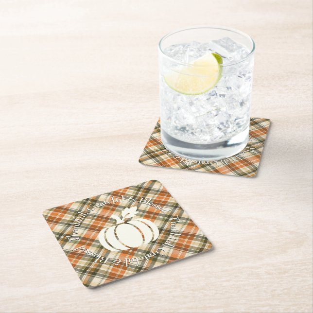Soft Orange, Green & Cream Plaid with Pumpkin Square Paper Coaster (Insitu)