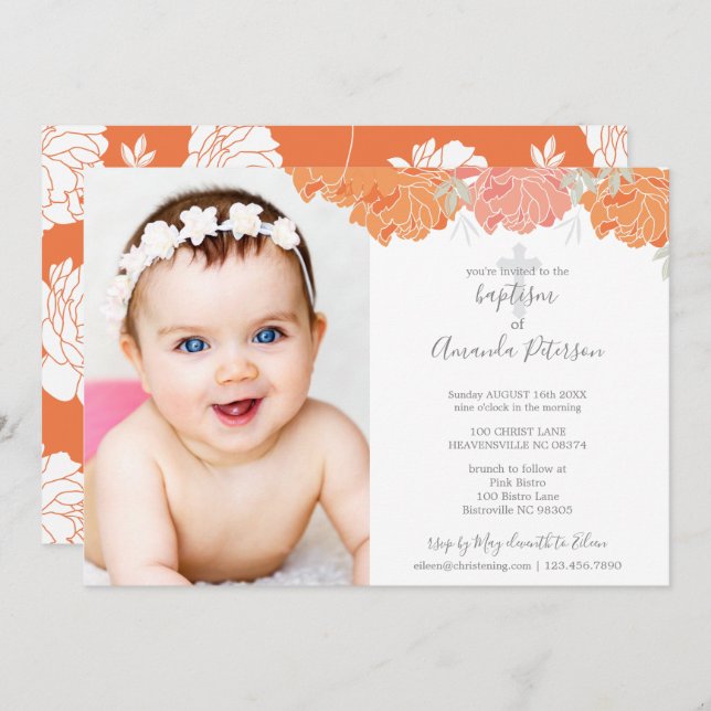 Soft Orange & Peach Peonies Cross Girl Baptism Invitation (Front/Back)