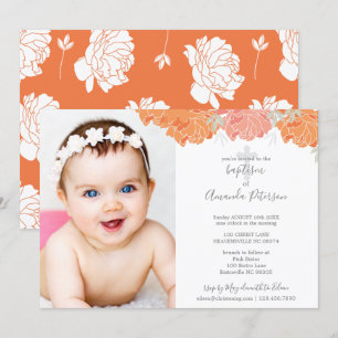 Soft Orange & Peach Peonies Cross Girl Baptism Invitation
