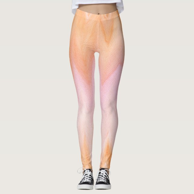 Soft Orange Pink Watercolor Chevron Leggings (Front)