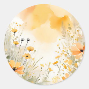 Soft Orange Watercolor Wildflowers Classic Round Sticker