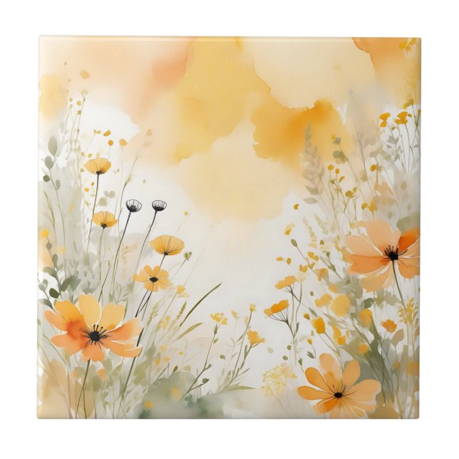 Soft Orange Watercolor Wildflowers Tile (Front)