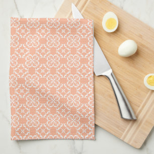 Soft Orange & White Floral Lattice Pattern Tea Towel
