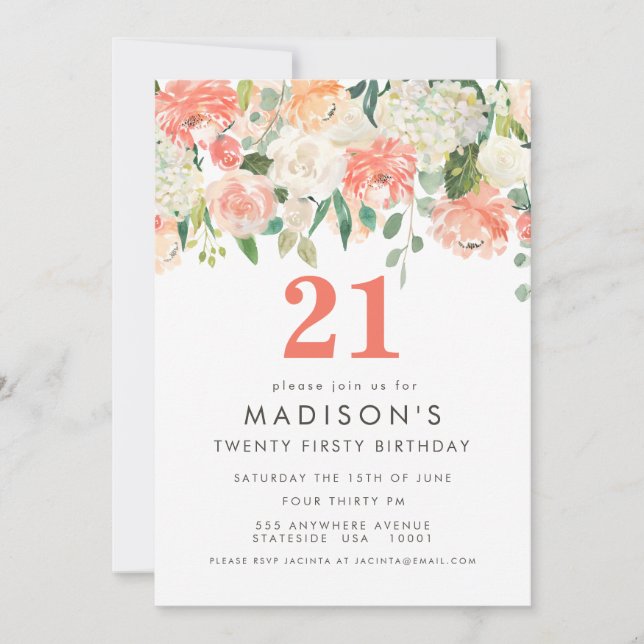 Soft Painted Floral Girls 21st Birthday Invite (Front)