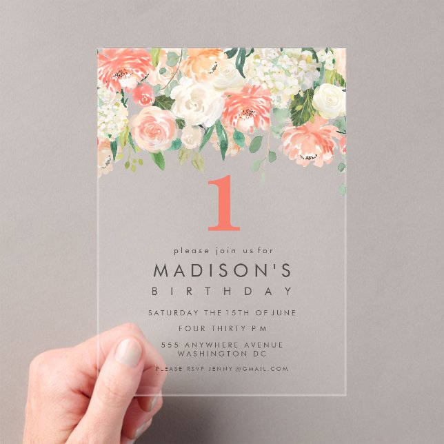 Soft Painted Floral Girls Ladies Birthday Invite Acrylic Invitations (Insitu (Handheld))