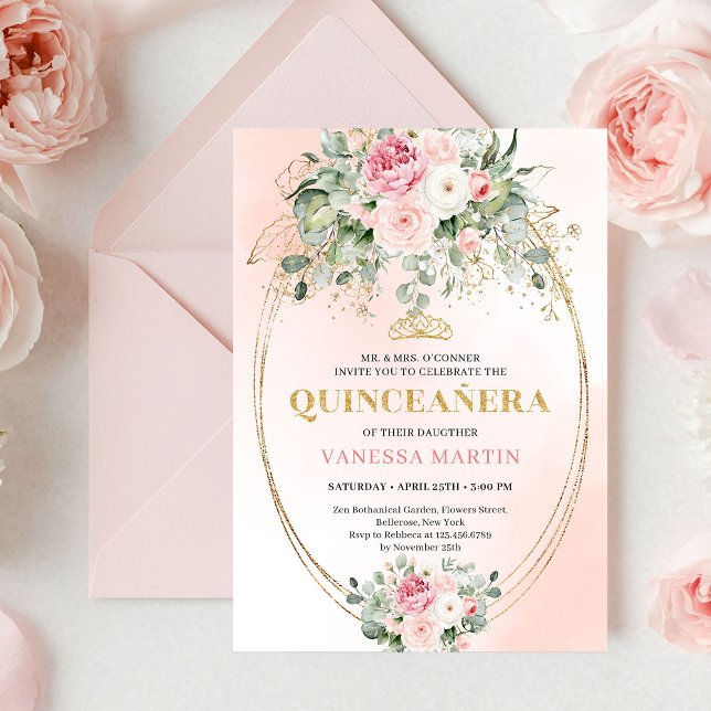 Soft Pale Pink Floral Bohemian Quinceañera Invite (Soft Pale Pink Floral Bohemian Quinceañera Invitation)