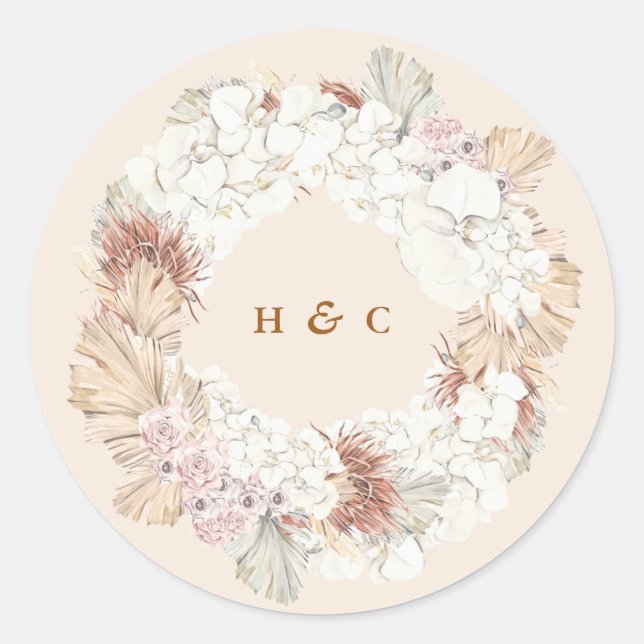 Soft Pampas Grass Floral Jungle Tropical Wedding Classic Round Sticker (Front)