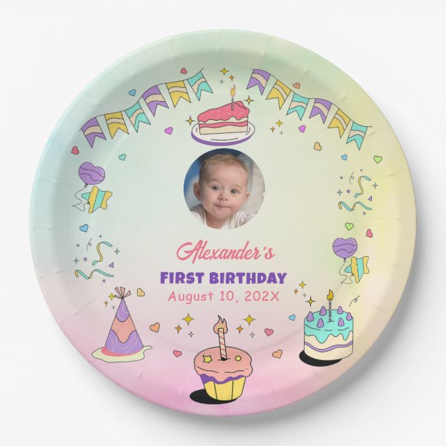 Soft Pastel Baby Boy 1st Birthday Photo Plates (Front)