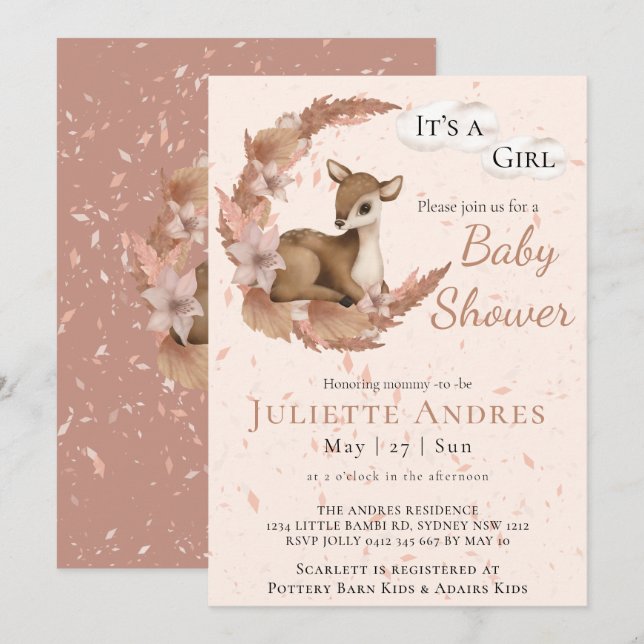 Soft Pastel Bambi Flowers Clouds Dust Baby Shower Invitation (Front/Back)