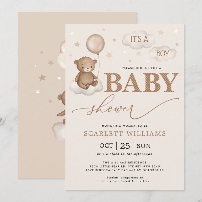 Soft Pastel Bear Balloon Clouds Stars Baby Shower Invitation (Front/Back)