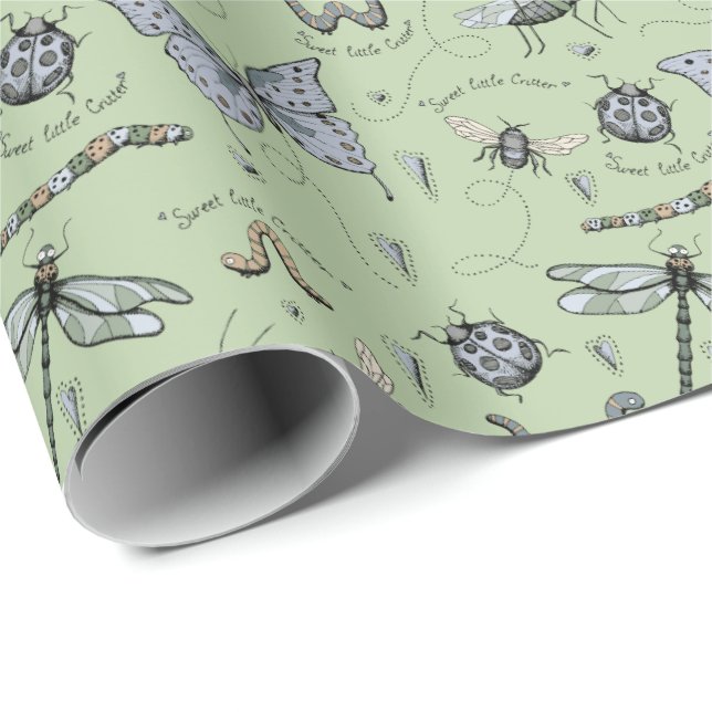 Soft Pastel Blue and Green Boho Baby Bugs Baby Wrapping Paper (Roll Corner)