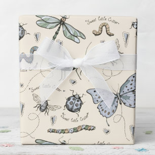 Soft Pastel Blue & Cream Boho Baby Bugs Kids Baby Wrapping Paper