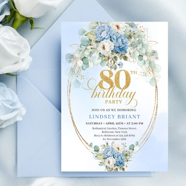 Soft Pastel Blue Floral Eucalyptus 80th Birthday  Invitation (Soft Pastel Blue Floral Eucalyptus 80th Birthday Invite)