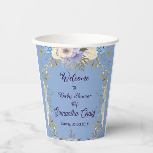 Soft Pastel Blue Flowers Lilac Floral Baby Shower Paper Cups