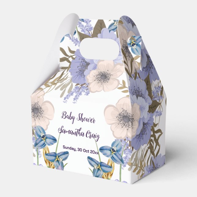 Soft Pastel Blue Flowers Purple Blooms Baby Shower Favour Box (Front Side)