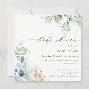 Soft Pastel Blue Green Foliage Baby Shower Invite
