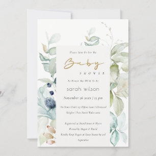 Soft Pastel Blue Green Foliage Baby Shower Invite
