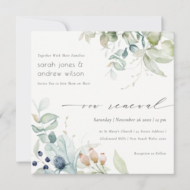 Soft Pastel Blue Green Foliage Vow Renewal Invite (Front)