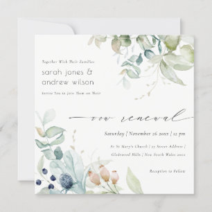 Soft Pastel Blue Green Foliage Vow Renewal Invite