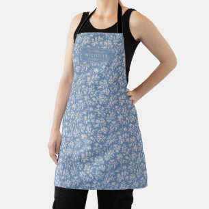 Soft Pastel Blue & Grey White Floral Boho Pattern Apron