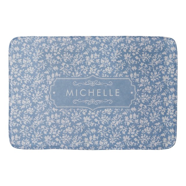 Soft Pastel Blue & Grey White Floral Boho Pattern Bath Mat (Front)