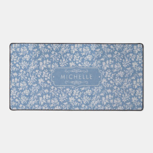 Soft Pastel Blue & Grey White Floral Boho Pattern Desk Mat