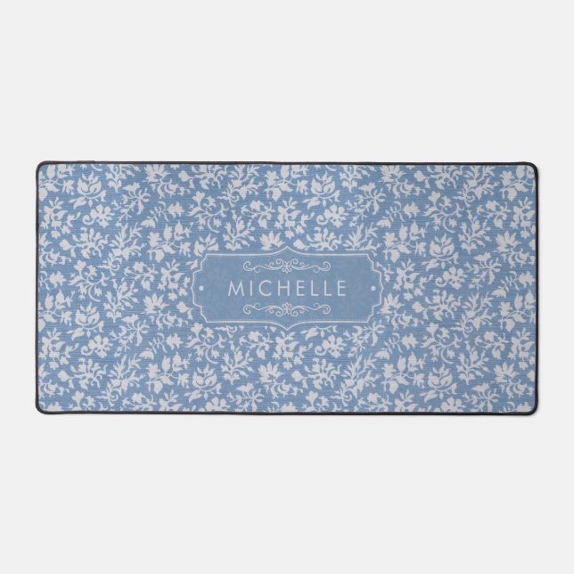 Soft Pastel Blue & Grey White Floral Boho Pattern Desk Mat (Front)