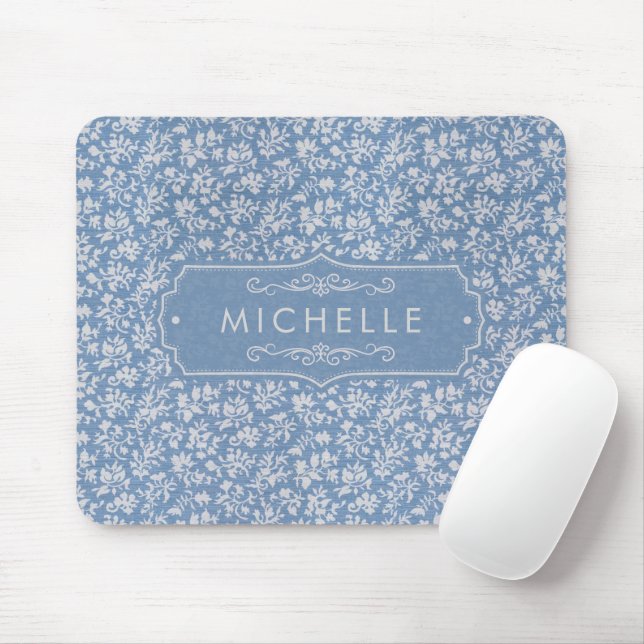 Soft Pastel Blue & Grey White Floral Boho Pattern Mouse Mat (With Mouse)