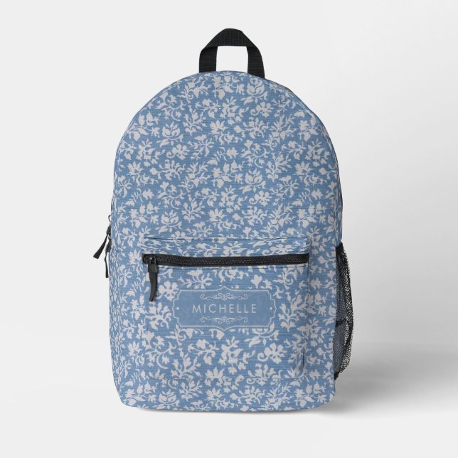 Soft Pastel Blue & Grey White Floral Boho Pattern Printed Backpack (Front)