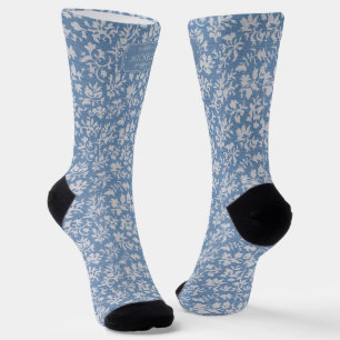 Soft Pastel Blue & Grey White Floral Boho Pattern Socks