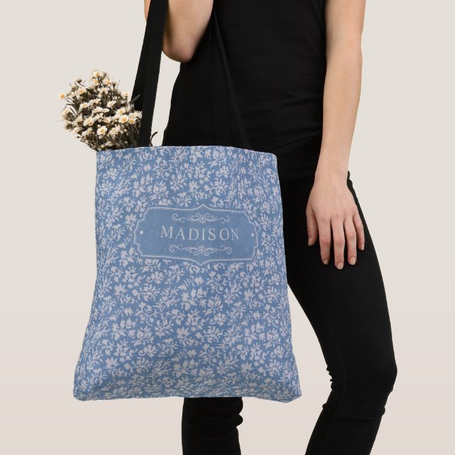 Soft Pastel Blue & Grey White Floral Boho Pattern Tote Bag (Close Up)